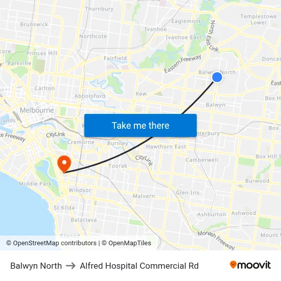 Balwyn North to Alfred Hospital Commercial Rd map