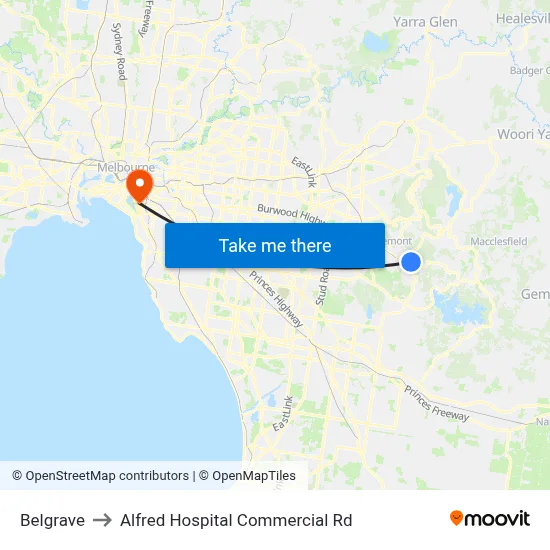 Belgrave to Alfred Hospital Commercial Rd map