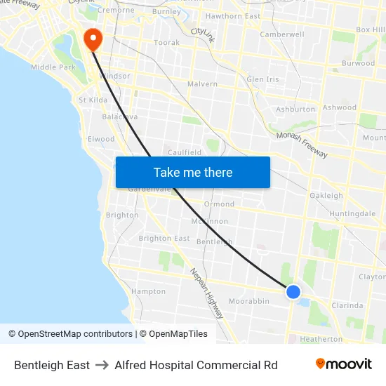Bentleigh East to Alfred Hospital Commercial Rd map