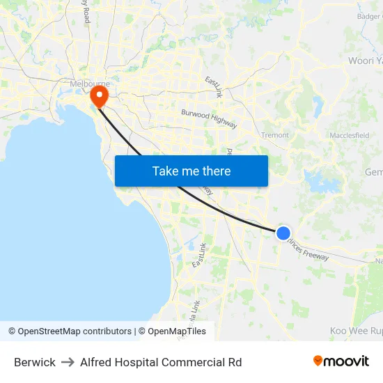 Berwick to Alfred Hospital Commercial Rd map