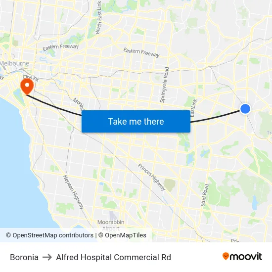 Boronia to Alfred Hospital Commercial Rd map