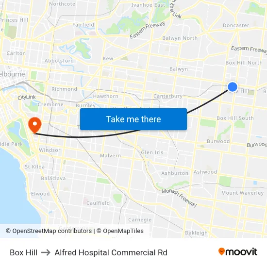 Box Hill to Alfred Hospital Commercial Rd map