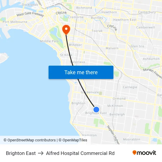 Brighton East to Alfred Hospital Commercial Rd map