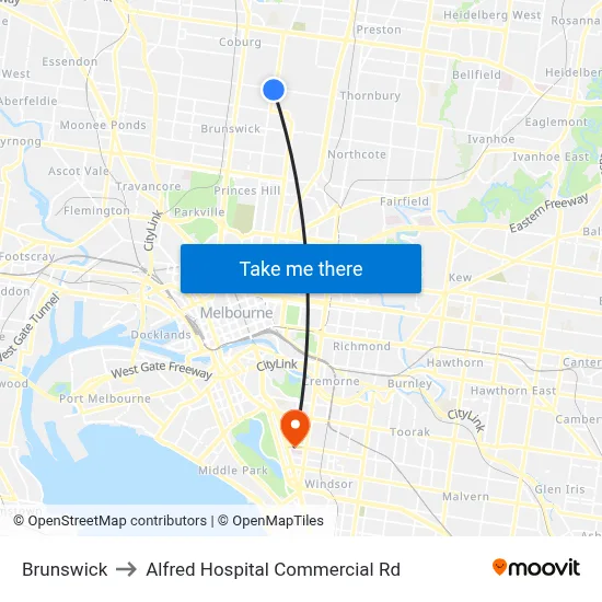 Brunswick to Alfred Hospital Commercial Rd map