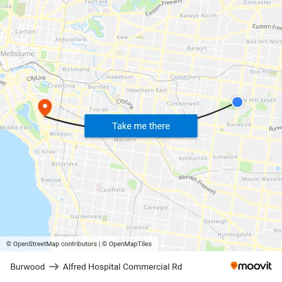 Burwood to Alfred Hospital Commercial Rd map