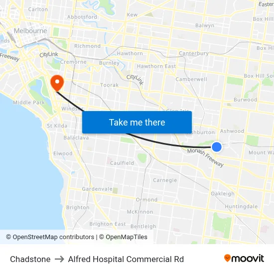 Chadstone to Alfred Hospital Commercial Rd map