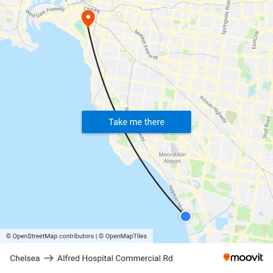 Chelsea to Alfred Hospital Commercial Rd map