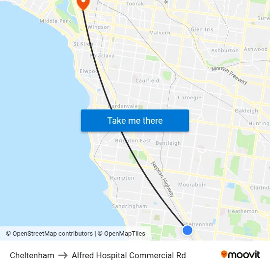Cheltenham to Alfred Hospital Commercial Rd map