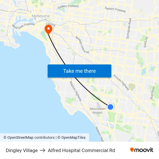 Dingley Village to Alfred Hospital Commercial Rd map