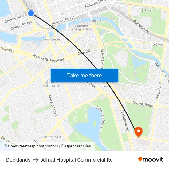 Docklands to Alfred Hospital Commercial Rd map