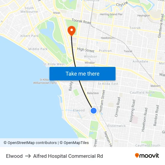 Elwood to Alfred Hospital Commercial Rd map