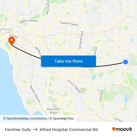Ferntree Gully to Alfred Hospital Commercial Rd map