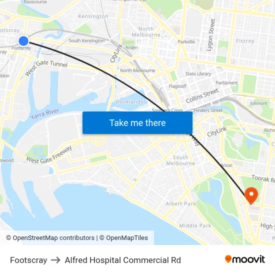 Footscray to Alfred Hospital Commercial Rd map