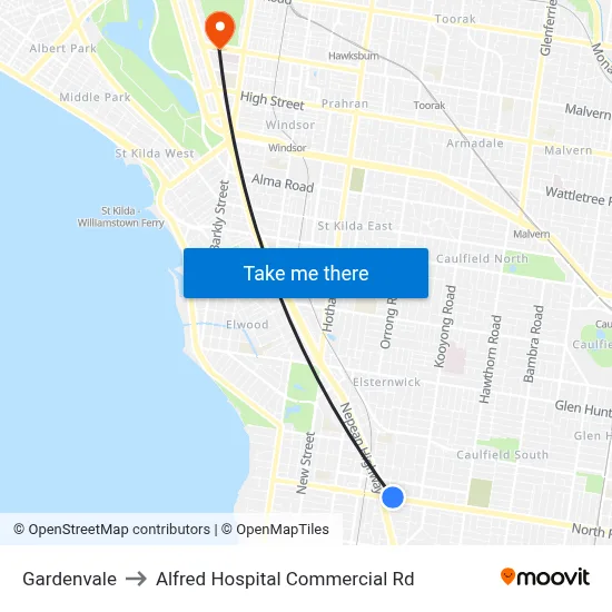 Gardenvale to Alfred Hospital Commercial Rd map