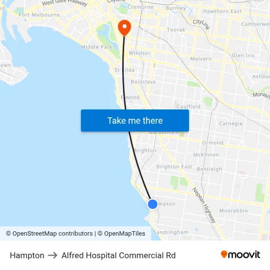 Hampton to Alfred Hospital Commercial Rd map
