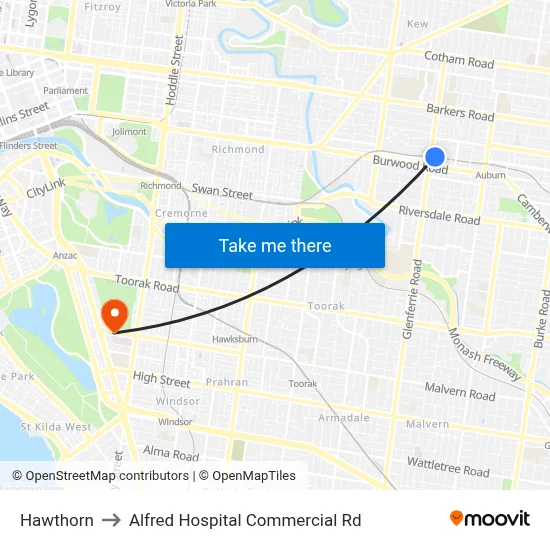 Hawthorn to Alfred Hospital Commercial Rd map