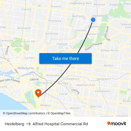 Heidelberg to Alfred Hospital Commercial Rd map