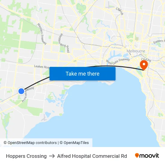 Hoppers Crossing to Alfred Hospital Commercial Rd map
