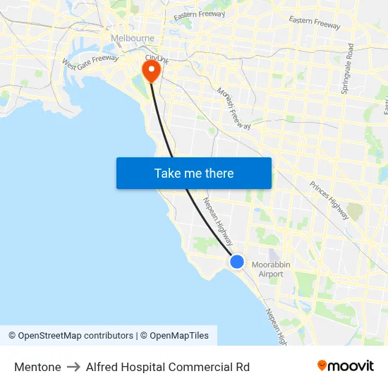 Mentone to Alfred Hospital Commercial Rd map