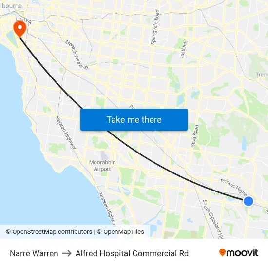 Narre Warren to Alfred Hospital Commercial Rd map