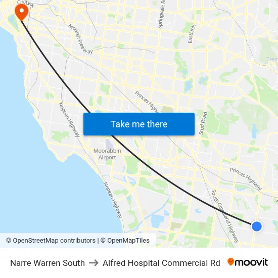 Narre Warren South to Alfred Hospital Commercial Rd map