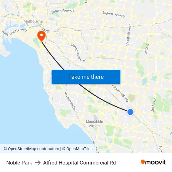 Noble Park to Alfred Hospital Commercial Rd map