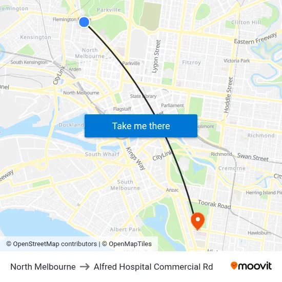 North Melbourne to Alfred Hospital Commercial Rd map