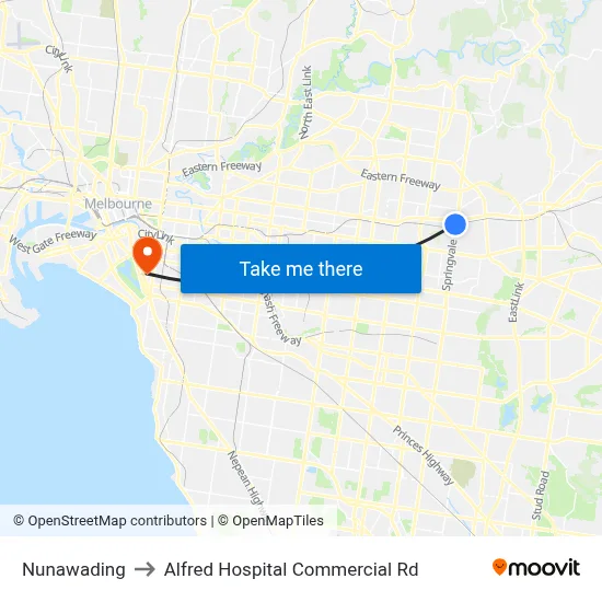Nunawading to Alfred Hospital Commercial Rd map
