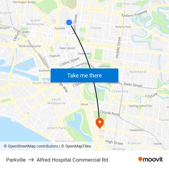 Parkville to Alfred Hospital Commercial Rd map