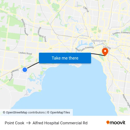 Point Cook to Alfred Hospital Commercial Rd map