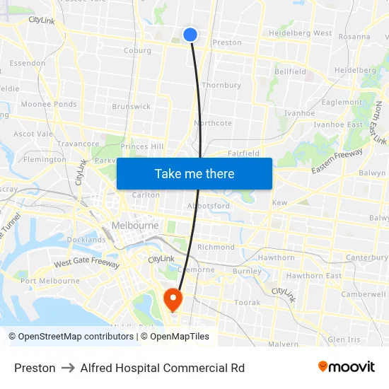 Preston to Alfred Hospital Commercial Rd map