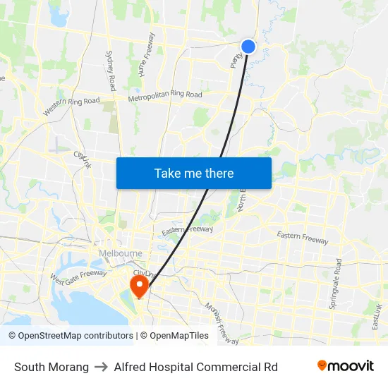 South Morang to Alfred Hospital Commercial Rd map