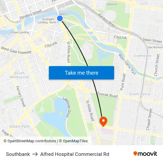 Southbank to Alfred Hospital Commercial Rd map