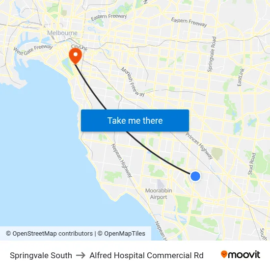 Springvale South to Alfred Hospital Commercial Rd map