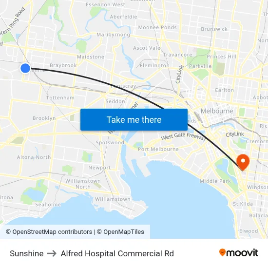 Sunshine to Alfred Hospital Commercial Rd map