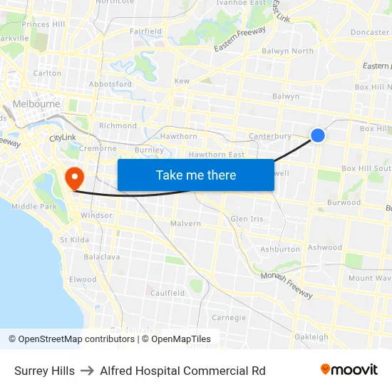Surrey Hills to Alfred Hospital Commercial Rd map