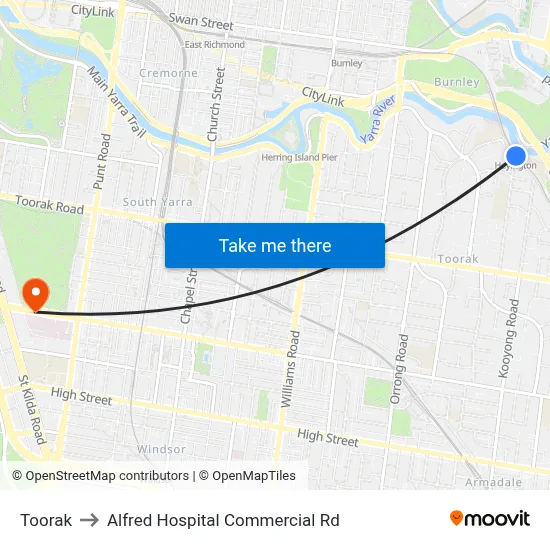 Toorak to Alfred Hospital Commercial Rd map