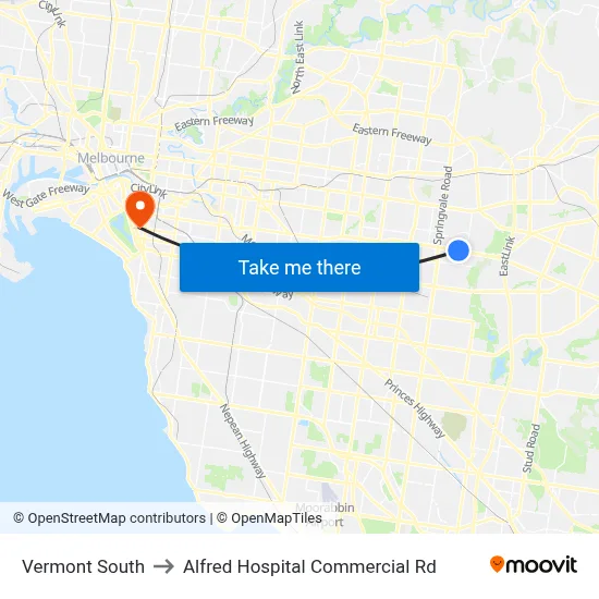 Vermont South to Alfred Hospital Commercial Rd map