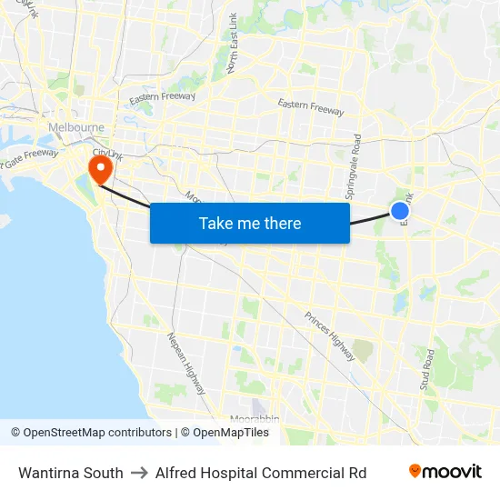Wantirna South to Alfred Hospital Commercial Rd map