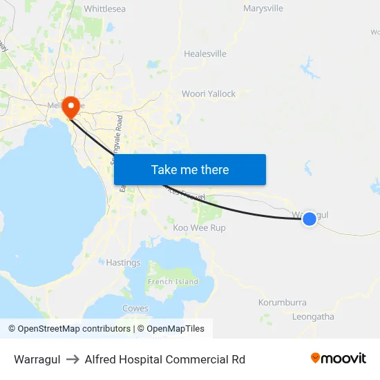 Warragul to Alfred Hospital Commercial Rd map
