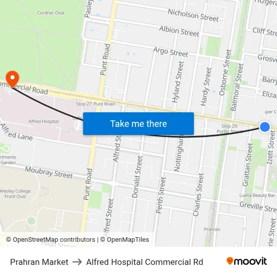 Prahran Market to Alfred Hospital Commercial Rd map