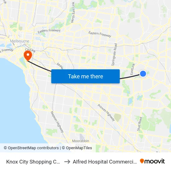 Knox City Shopping Centre to Alfred Hospital Commercial Rd map