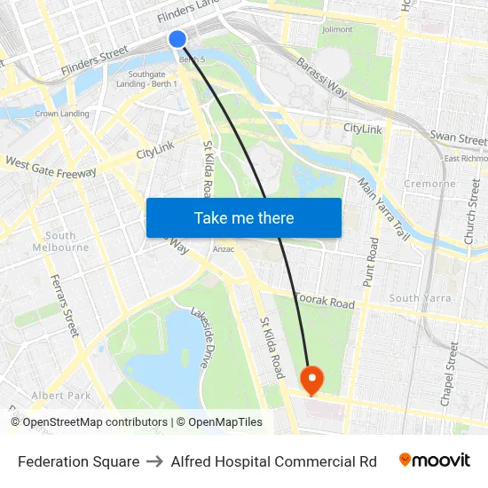 Federation Square to Alfred Hospital Commercial Rd map