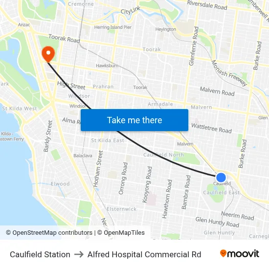 Caulfield Station to Alfred Hospital Commercial Rd map