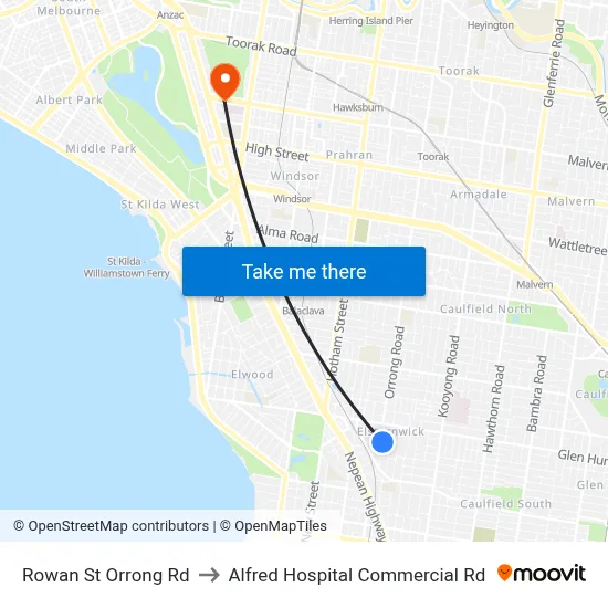 Rowan St Orrong Rd to Alfred Hospital Commercial Rd map