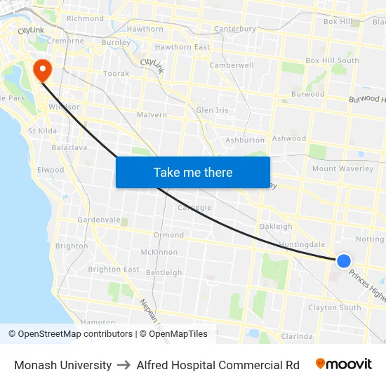 Monash University to Alfred Hospital Commercial Rd map