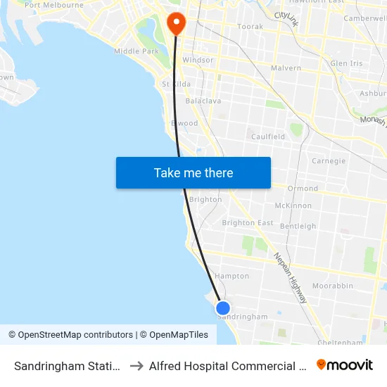 Sandringham Station to Alfred Hospital Commercial Rd map