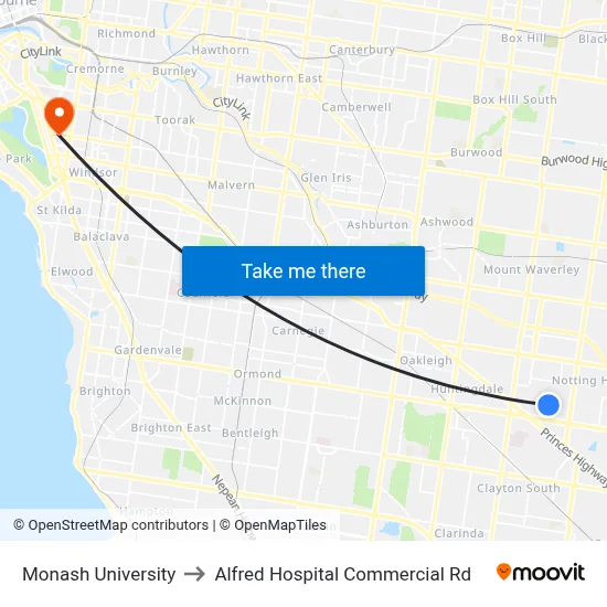 Monash University to Alfred Hospital Commercial Rd map