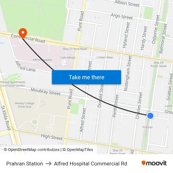 Prahran Station to Alfred Hospital Commercial Rd map