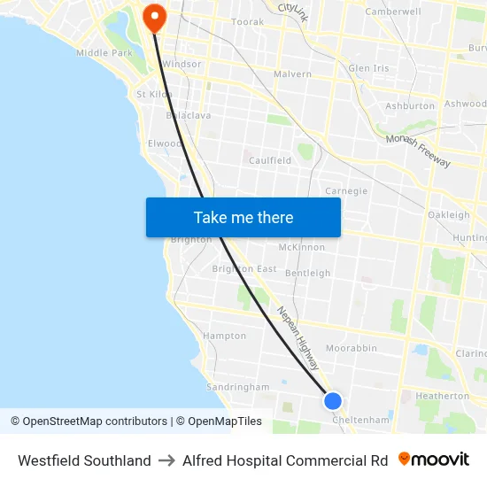 Westfield Southland to Alfred Hospital Commercial Rd map